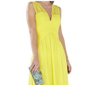 BCBGMaxAzria Yellow Strapless Pleated Maxi Dress with Sheer Straps